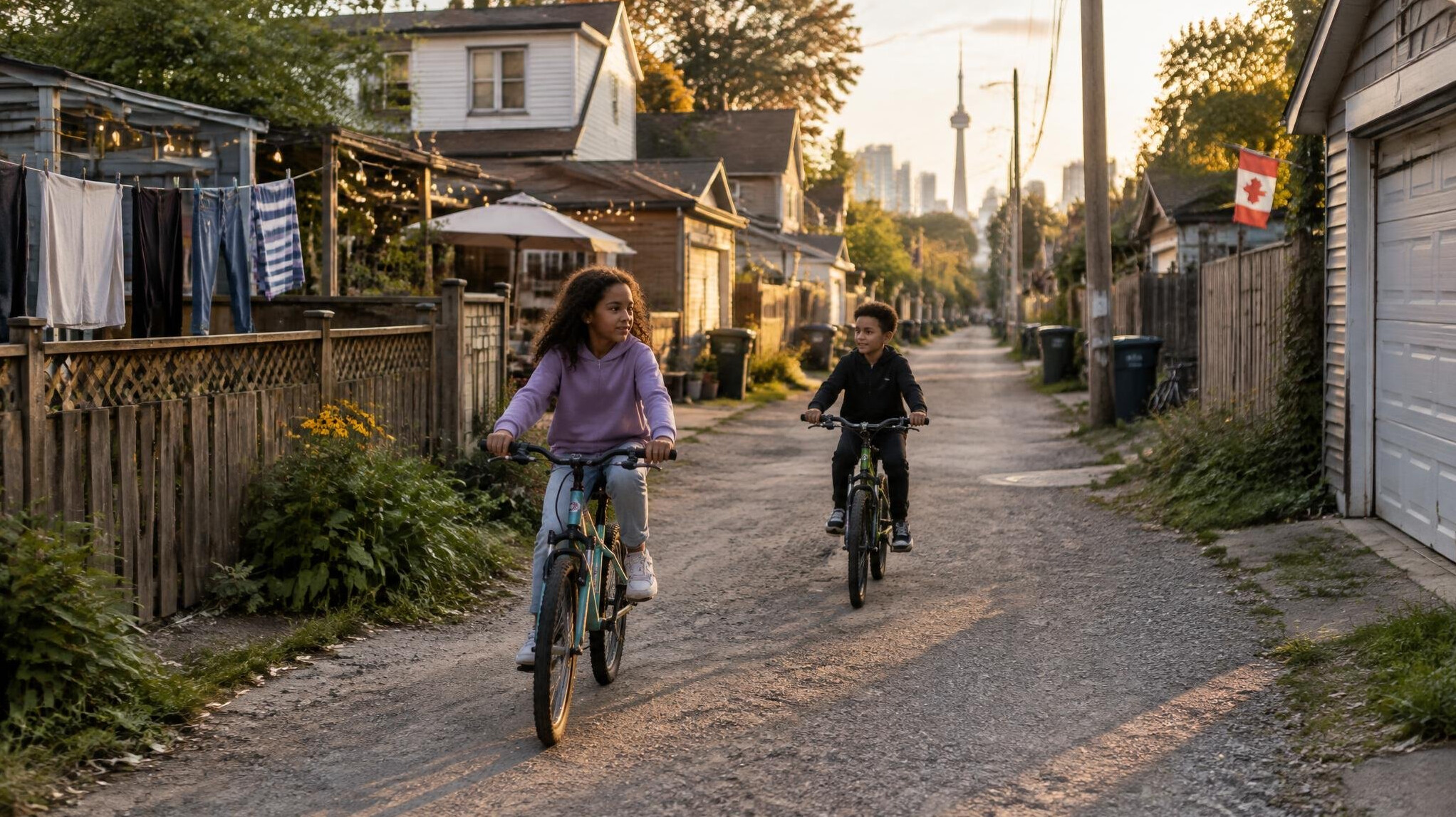 Children playing in a quiet residential laneway between houses