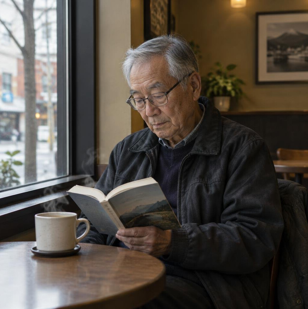 Person reading a book by the window of a small coffee shop