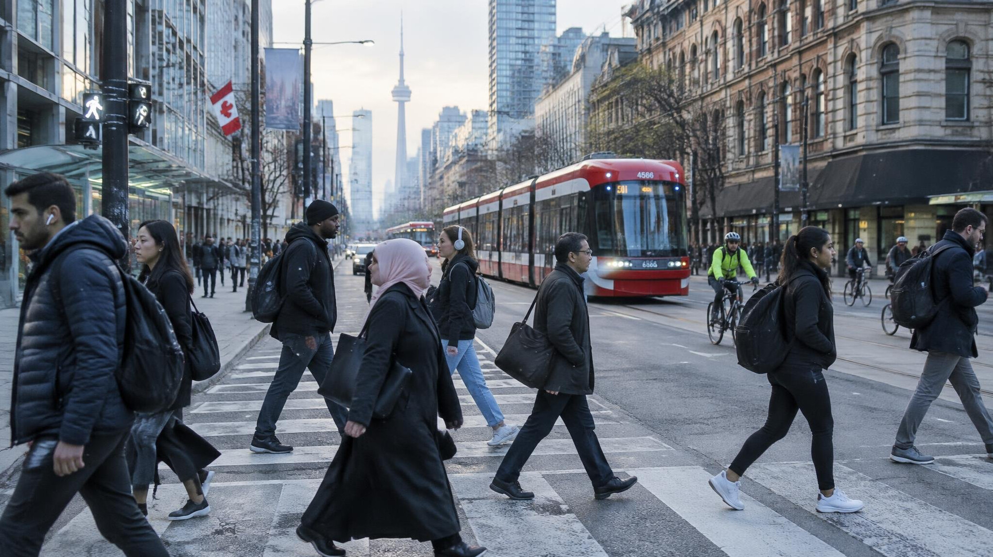 Busy morning street in a Canadian downtown with pedestrians crossing