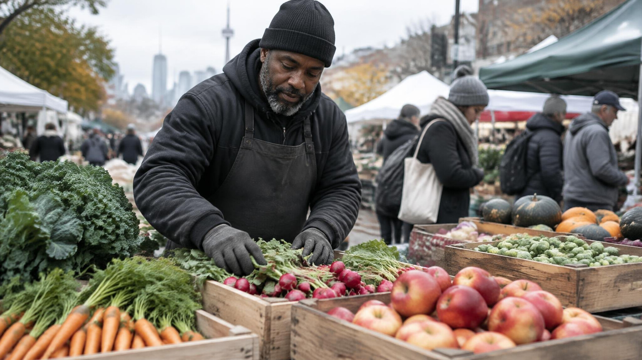 Vendor arranging fresh produce at an outdoor street market stall