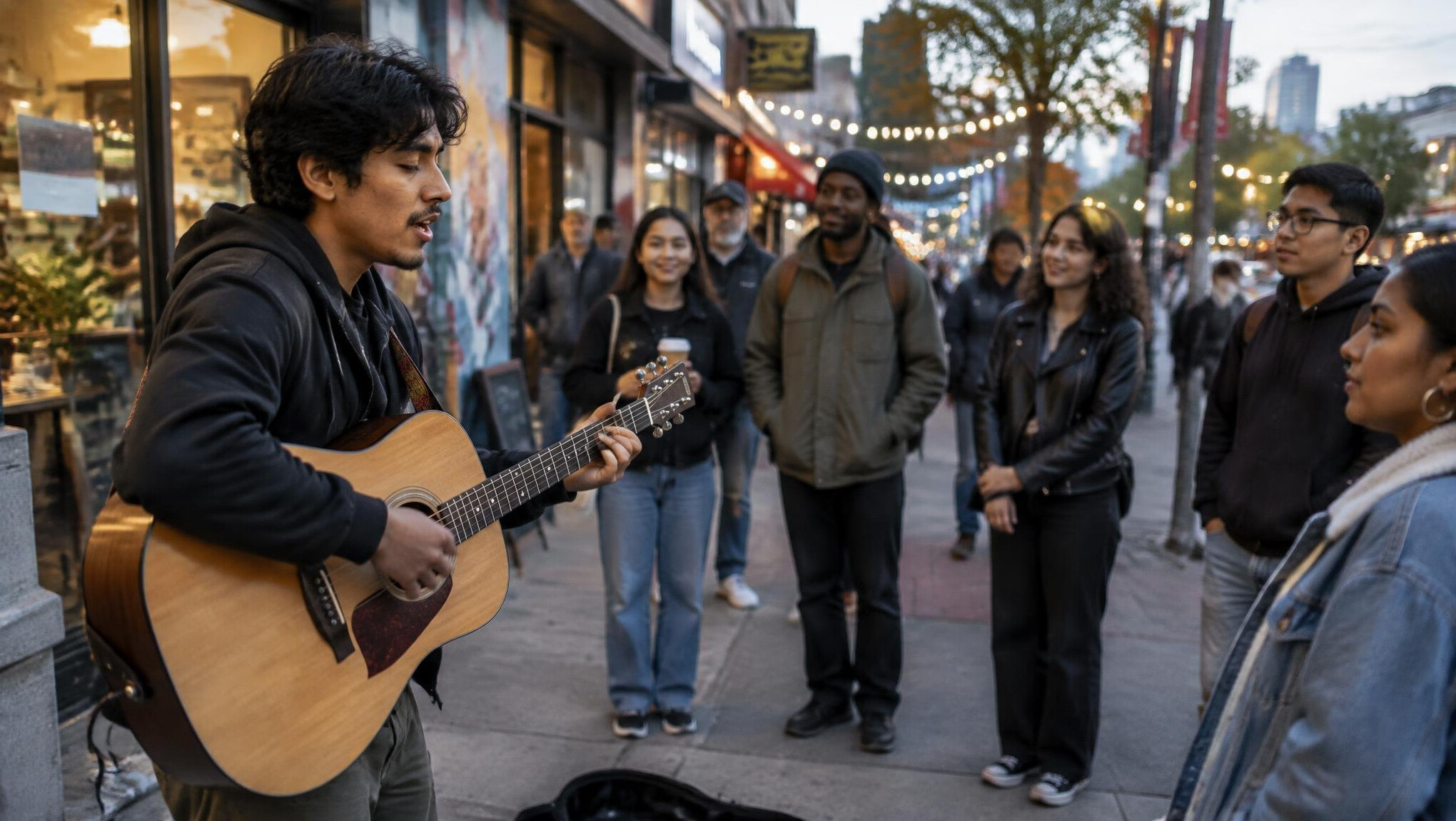 Street performer playing music for a small crowd on a city sidewalk