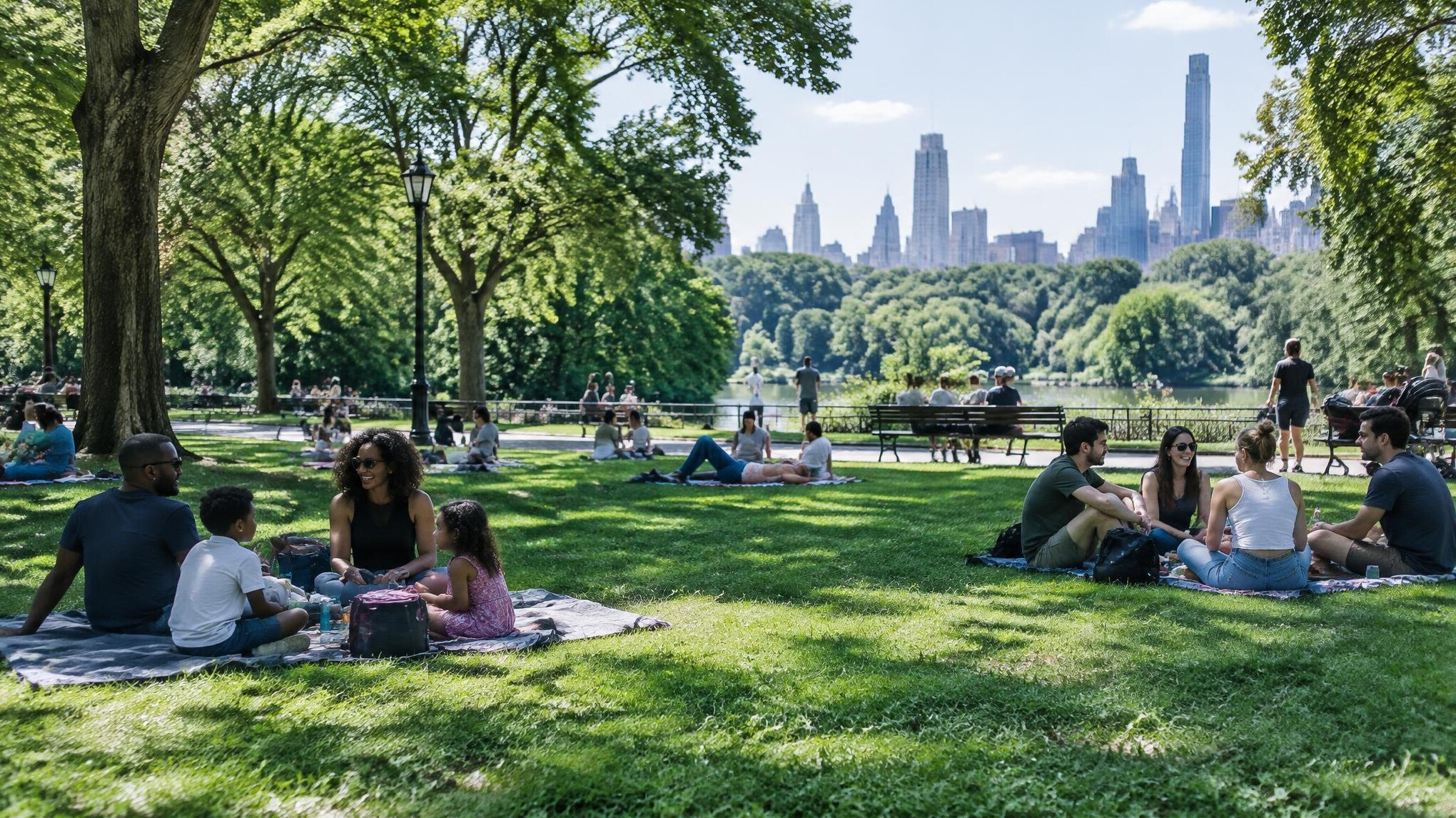 Families relaxing on blankets in a city park on a sunny afternoon