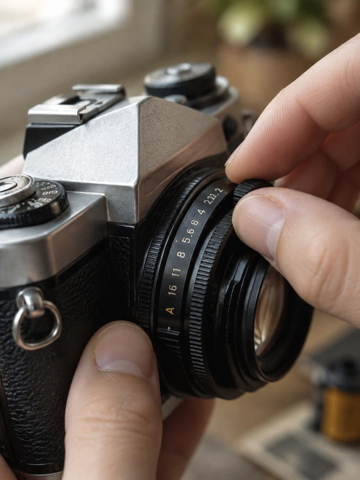 Close-up of hands adjusting the settings dial on a vintage film camera