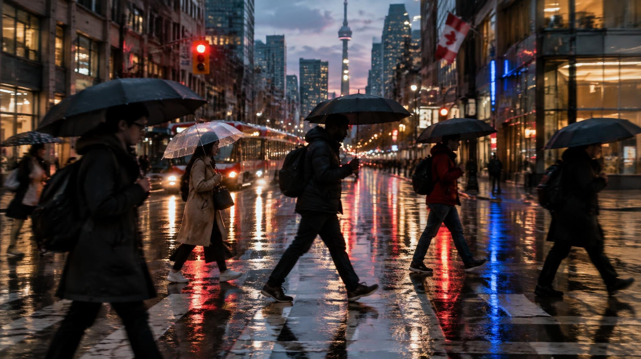 Pedestrians with umbrellas crossing a rainy city street with reflections